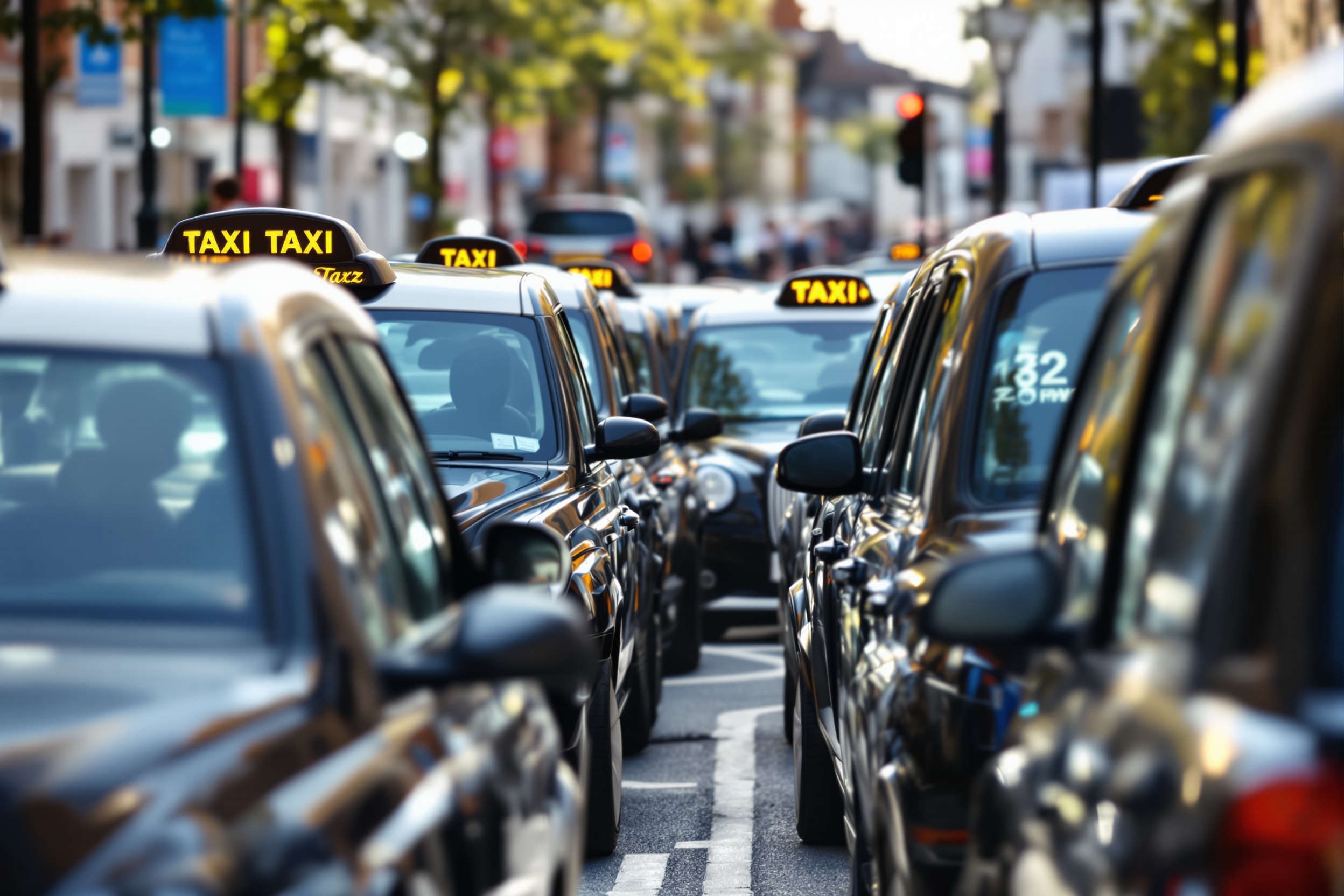 A row of taxis waiting at a city rank