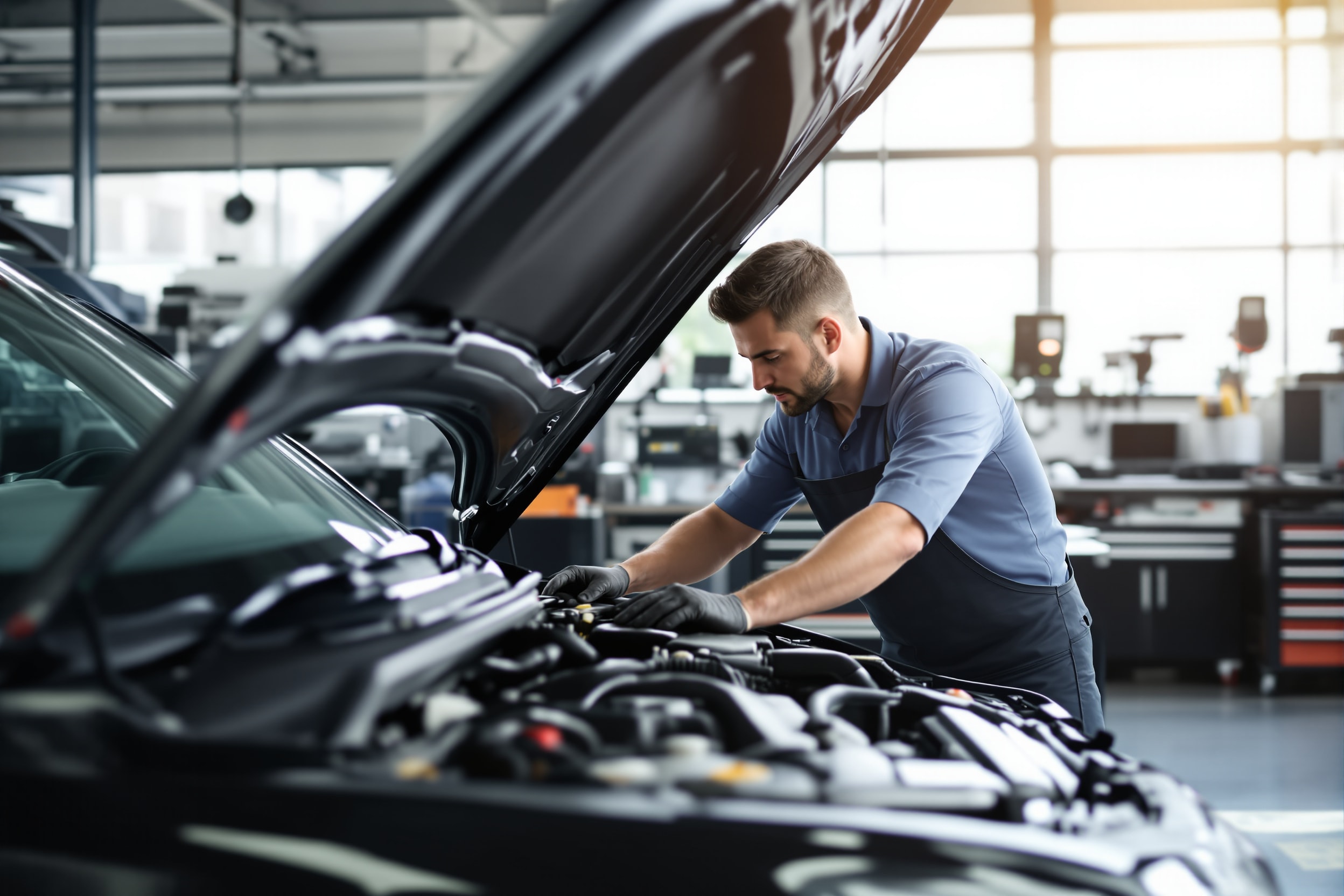 A mechanic inspecting the engine of a used taxi in a garage