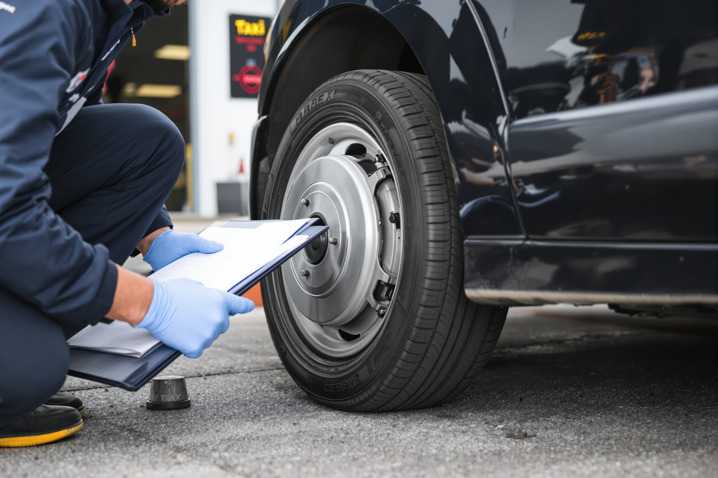 Inspecting the tyre and brakes of a used taxi