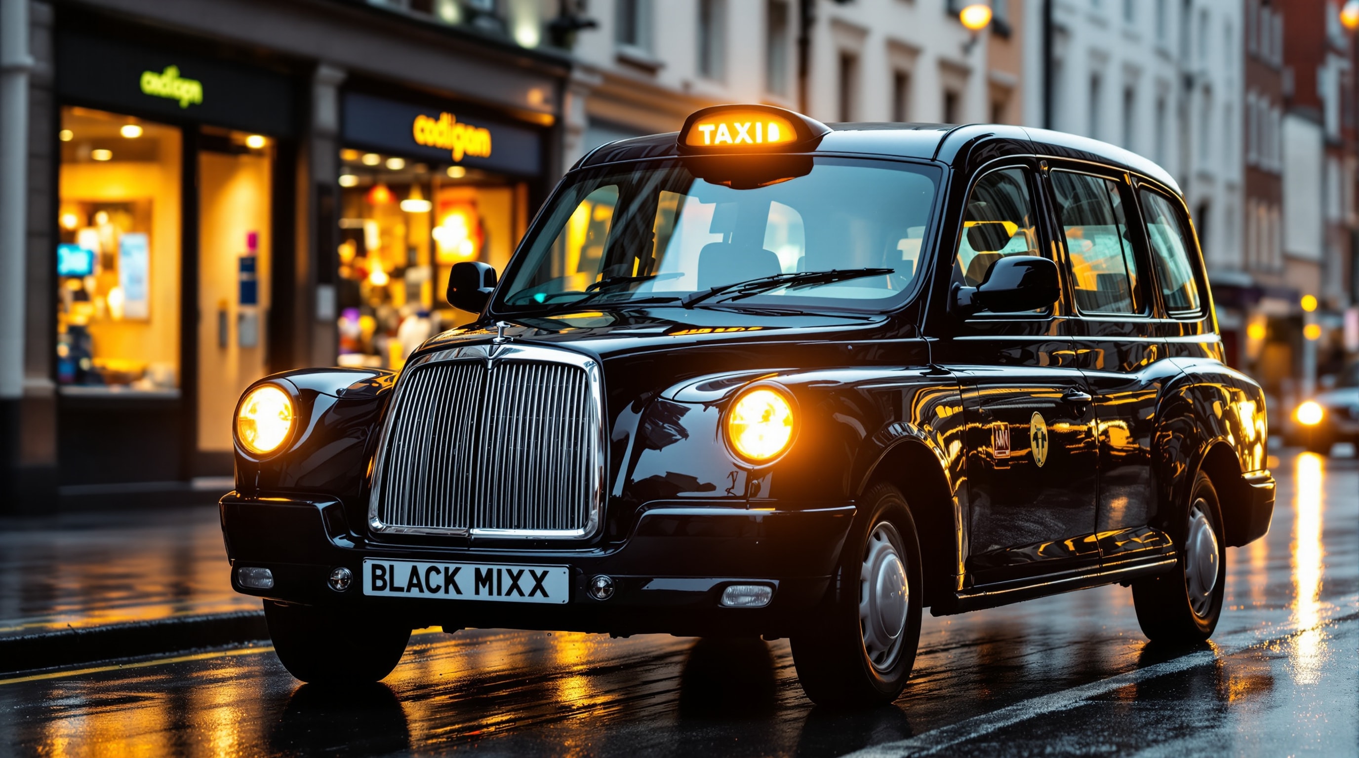 A classic British black cab taxi on a city street at dusk