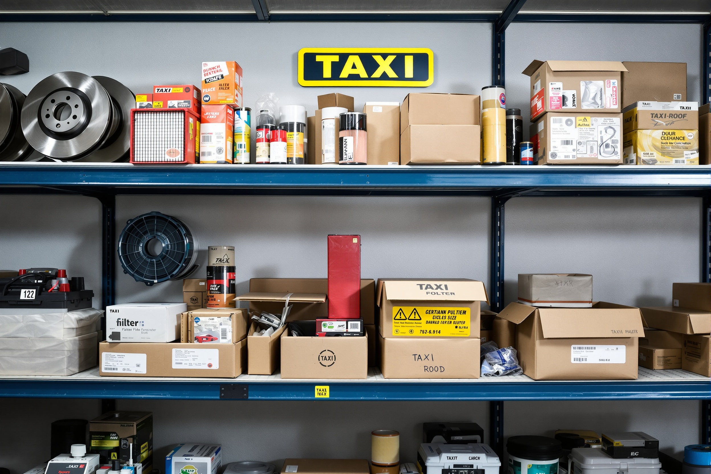 Taxi spare parts and accessories on a workshop shelf
