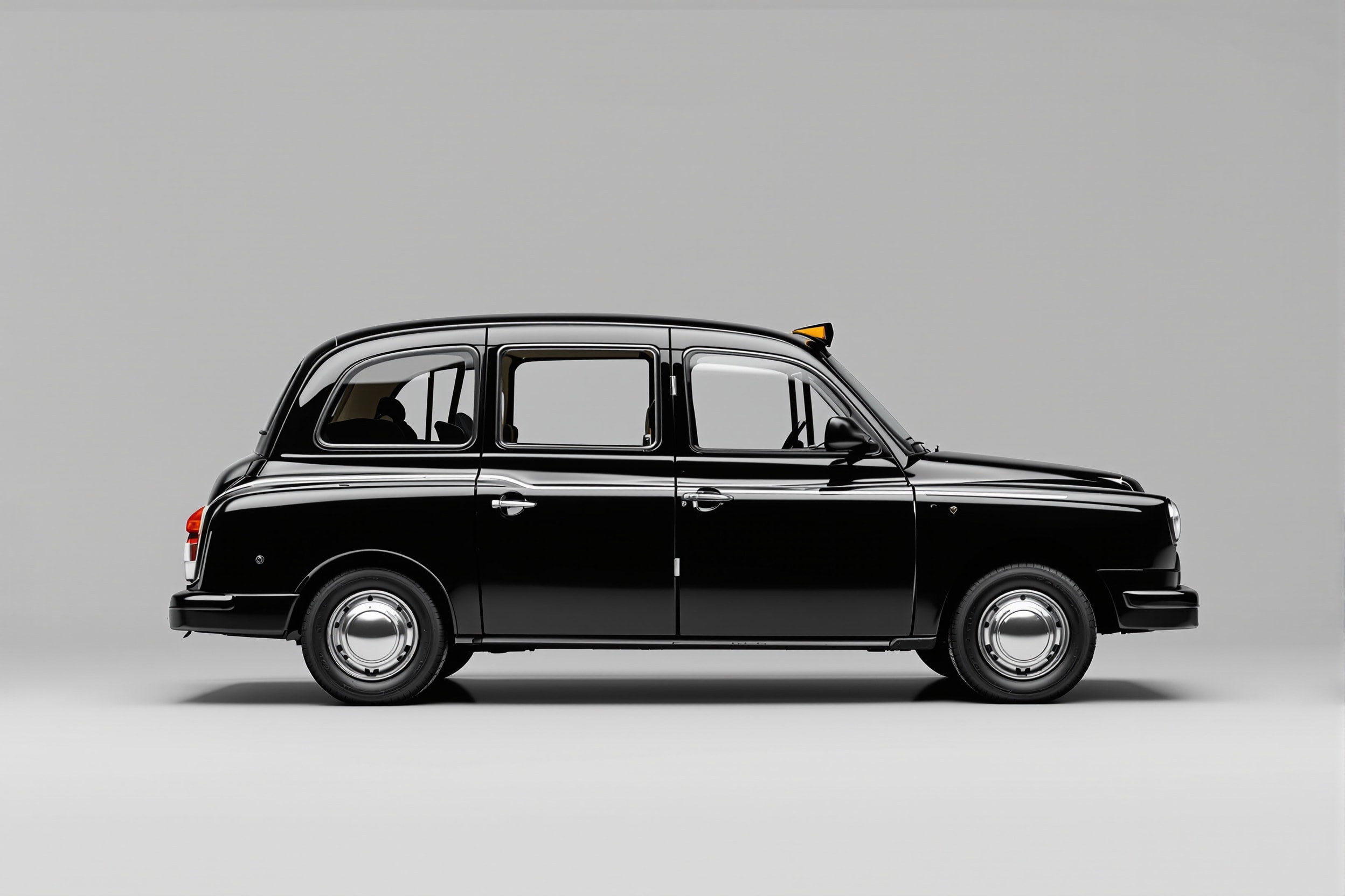 A purpose-built black cab Hackney carriage, side profile